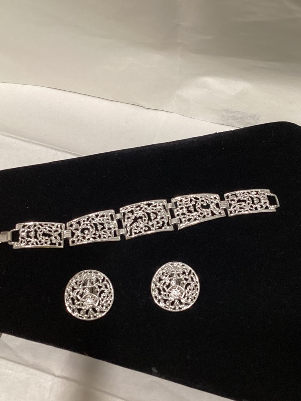 Sarah Coventry Silver Filigree Bracelet and Clip Earrings